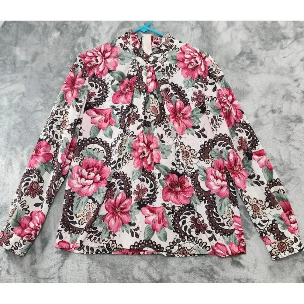 Vintage Pyke LTD Top Womens M Pink Floral‎ High Pleated V-Neck Long Sleeve Zip